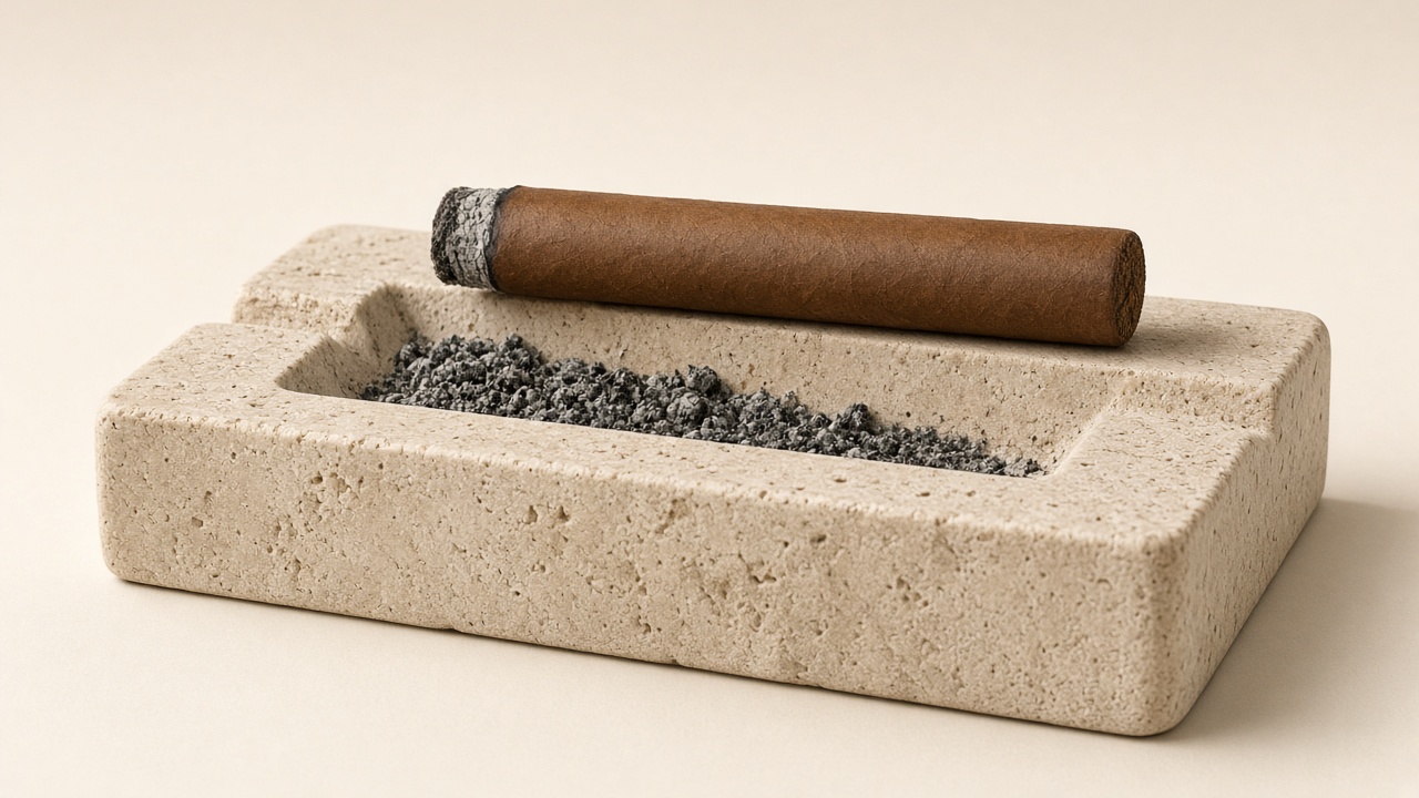 A cigar resting level in the groove of a wide ashtray, above the bowl