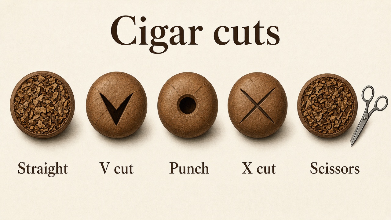 Straight cut, V cut, punch, X cut, and scissors, seen from the head of the cigar