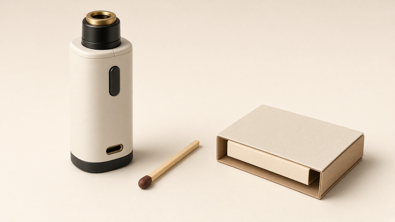 A butane torch beside a wooden match and a book of safety matches
