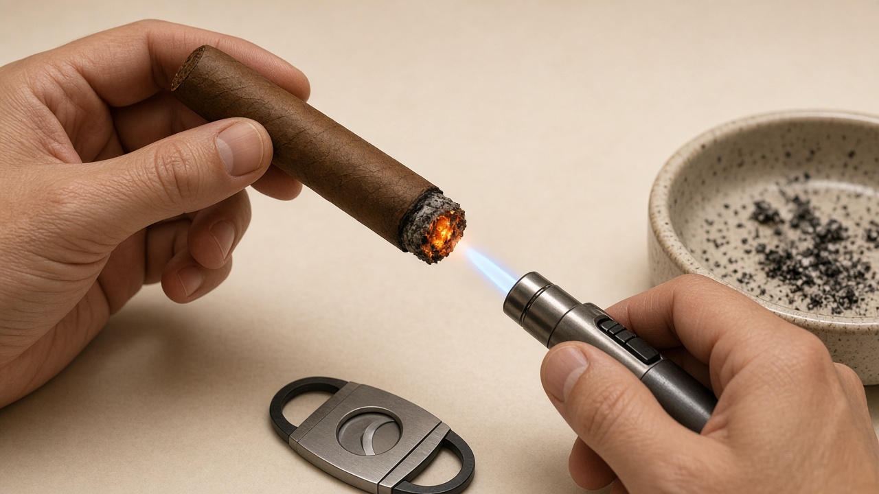 Lighting the flat foot of a cigar with a butane torch, with a cutter and an ashtray nearby