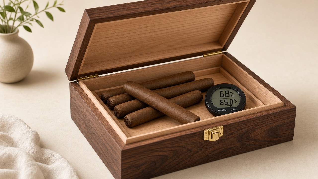 An open cedar humidor with a hygrometer and a few cigars